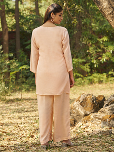 Conjunto de Kurta y Palazzo Elegante para Mujer, Color Beige, con Cuentas Florales, Viscosa, Manga Larga, Cuello en V, Bordado, para Fiesta de Graduación o Boda - Product Image 2