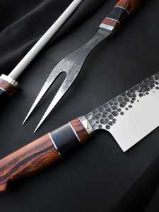 Handmade Carbon Steel <b>Knife</b> <b>Set</b> With Wood Handle 3-Piece Includes Chef <b>Knife</b> Fork And Skewer <b>Sharp</b> And Durable For Kitchen Use - Product Image 6