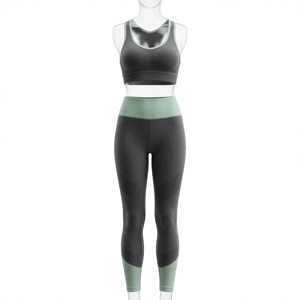 Women's Black <b>Green</b> Yoga <b>Set</b> Racerback Sports Bra High Waist Full Length Leggings Contrast Binding Breathable - Product Image 2
