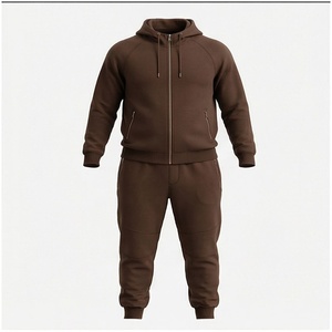 Ensemble de survêtement marron pour homme, manches longues, capuche, fermeture éclair sur le devant, couleur unie, respirant, coupe décontractée, vêtements d'automne - Product Image 1