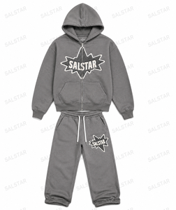 SALSTAR Men's Grey Hooded Tracksuit Set Full <b>Zip</b> Sweatshirt <b>Jogger</b> Pants Streetwear Loose Fit Cotton Autumn Winter Wear - Product Image 3