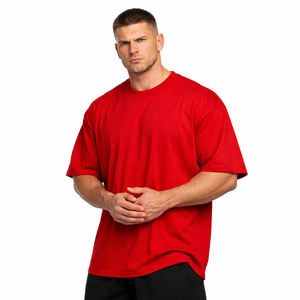 Men's <b>Red</b> Short Sleeve O-Neck T-<b>Shirt</b> Oversized Fit Solid Color Casual Jersey Cotton <b>Shirt</b> - Product Image 3