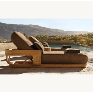 Chaise longue moderne minimaliste en teck avec coussin noir, dossier réglable, pour extérieur, bord de piscine, mobilier de jardin - Product Image 5