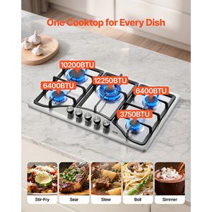 Piano Cottura a Gas Incasso in Acciaio Inox da 30 Pollici, 5 Bruciatori, Convertibile NG/GPL, Max 12250 BTU, Piano Cottura a Gas Naturale da 30 Pollici - Product Image 3