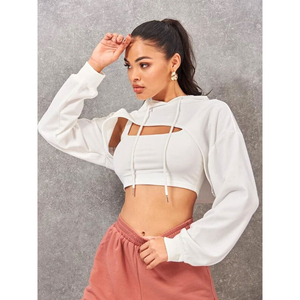 Conjunto Deportivo para Mujer de Primera Calidad con Logotipo Personalizado, Sudadera sin Mangas, Pantalones Cortos Ajustados, Color Negro Sólido, 100% Algodón Felpa, Estilo Hip Hop - Product Image 6