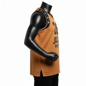 Camiseta de baloncesto para hombre, tejido de malla transpirable GSM, panel de punto, logotipo personalizado termoadhesivo, camiseta sin mangas 100% algodón, corte holgado, estampada. - Product Image 3