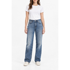 Jean en denim pour femme, coupe décontractée, jambe large, taille mi-haute, brodé, bleu moyen - Product Image 1
