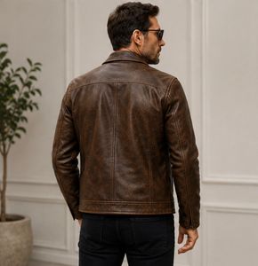 Men's <b>Brown</b> Genuine <b>Leather</b> Double Breasted <b>Jacket</b> Turn-down Collar Casual Autumn Wear - Product Image 3