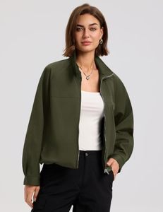 Chaqueta Bomber Verde Oliva Personalizada para Mujer, Cuello Alto, Cierre de Botones y Cremallera, Chaqueta Bomber Informal, Venta al Por Mayor OEM - Product Image 3