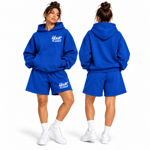Ensemble 2 pièces en molleton de coton uni pour femme, avec sweat à capuche et short à taille élastique, collection automne, vente en gros - Product Image 6