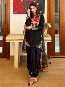 Black Pakistani Embroidered Salwar Kameez Set Long Sleeve Kurta Palazzo <b>Pants</b> Shawl for Party Wedding - Product Image 3