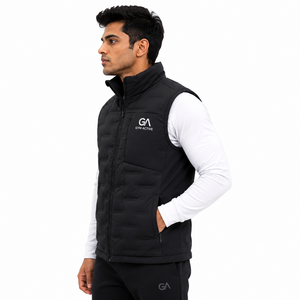 Gilet matelassé noir léger sans manches pour homme, col montant, fermeture éclair sur le devant, broderie, pour sports de plein air - Product Image 1