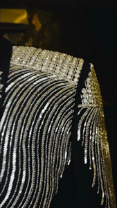 Men’s Black Embellished Blazer with Crystal Fringe & Beaded Design | Designer Wedding Party Tuxedo Jacket - Product Image 3