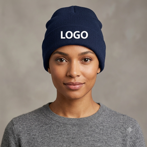 Custom Embroidery White Logo Navy blue Color Cuffed <b>Beanie</b> Wholesale Unisex Winter Knitted Warm Acrylic Material OEM ODM <b>Beanie</b> - Product Image 2