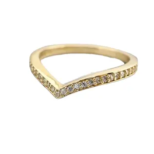 V Shaped 925 Sterling Silver Gold Ring 14K Gold Stone Ring Great Choice For Elegant Dresses With Glittering Stones Stackable