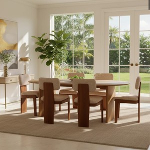 Ensemble de salle à manger en bois de style moderne du milieu du siècle, 6 pièces, chaises à dossier solide, assise et dossier rembourrés, table rectangulaire, meubles pour la maison - Product Image 1