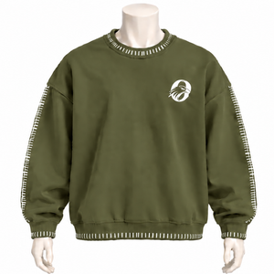 Sudadera de cuello redondo para hombre, verde oliva, con borde cosido, efecto desgastado, corte holgado, manga larga, estilo vintage, informal, para streetwear. - Product Image 1
