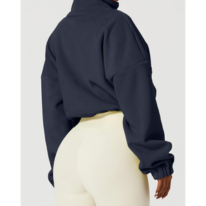 New Arrival <b>Women's</b> <b>Navy</b> Blue Fleece Zip-Up Crop Jacket Stand Collar Full Sleeve Autumn Wear Solid Color Unlined Sweatshirt OEM - Product Image 2