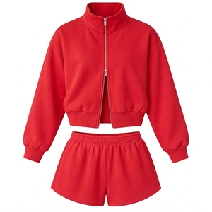 Premium Quality Women <b>Pink</b> Zip Up Cropped Sweatshirt And Shorts Set Long Sleeve Stand Collar 2 Piece Casual <b>Outfit</b> - Product Image 4