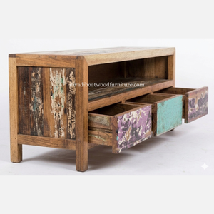 Sustainable Reclaimed Boat Wood TV Cabinet 3 Drawer Outside Handle Solid Wood Rustic Recycled Timber Unit Media <b>Stand</b> TV - Product Image 5