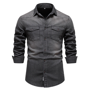 Camisa de mezclilla para hombre, transpirable, antiarrugas, ecológica, de primavera, con bolsillos en el pecho, manga larga, informal, venta al por mayor OEM, MOQ bajo - Product Image 1