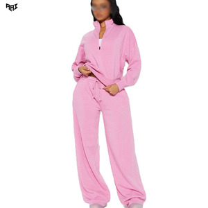 Conjunto de Sudadera Rosa con Cuello Alto y Pantalones Anchos de Pierna Larga para Mujer, Tejido Casual, Color Sólido, Transpirable, Ropa de Otoño - Product Image 1