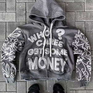 Sweat à capuche personnalisé avec strass, style hip-hop streetwear oversize, fermeture éclair, pour hommes et femmes, avec impression diamantée en relief - Product Image 1