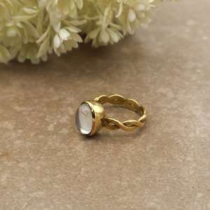 Vintage Oval Rainbow Moonstone Unisex Ring 14K Gold Plated Scalloped Infinity Band Daily Wear Boho Statement Jewelry - Product Image 3
