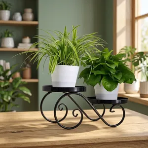 Soporte de Metal Negro de 2 Niveles para Plantas con Diseño Decorativo de Volteos, Soporte para Macetas de Interior y Exterior para Jardín, Balcón, Patio - Product Image 6
