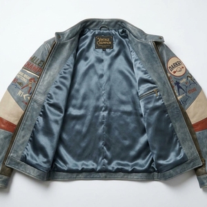 Blouson de motard pour homme en cuir gris chiné, avec motif 'Knuckle Wrap' et graphique d'arts martiaux, thème sportif - Product Image 5