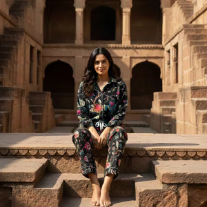 Conjunto de Pijama de Mujer con Rayas Verticales Florales, Ropa de Dormir de Algodón, Elegante Traje de Noche a Rayas, Camisa y Pantalones de Secado Rápido, Largo Completo - Product Image 1