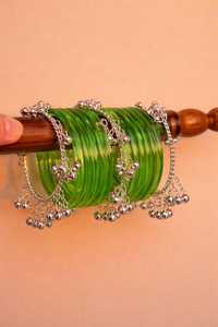 Colorful Stylish Vibrant Silver Plated Trendy Geometric <b>Glass</b> <b>Bangles</b> Imitation Pearl Churiyan Set Women's Wedding Party Wear - Product Image 6