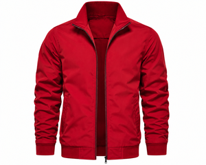 KOURPUR INTERNATIONAL Men's Red Bomber Jacket Stand Collar <b>Covered</b> <b>Button</b> Closure Casual Slim Fit Polyester Winter Wear - Product Image 1