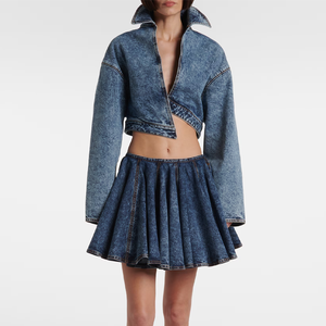 Elegant Asymmetric <b>Cropped</b> <b>Denim</b> <b>Jacket</b> Casual Washed Long Sleeves Dropped Shoulders Coats Fashion Cinched Waist Women Outwear - Product Image 1