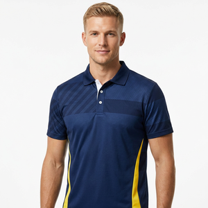 Polo pour homme, bleu et jaune, à blocs de couleur, manches courtes, tricoté, 100% polyester, séchage rapide, vêtements décontractés - Product Image 5