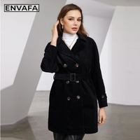 Manteau long croisé ENVAFA pour femme en velours côtelé respirant et à séchage rapide 100 % polyester avec ceinture