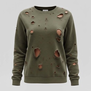 Sudadera de invierno con estampado desgastado estilo grunge Y2K, con agujeros, color verde oliva, estilo urbano, posapocalíptico - Product Image 1