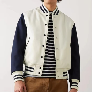 Men's Pu Varsity <b>Jacket</b> <b>White</b> Navy Striped Collar Stand Regular Fit Preppy Style Autumn Casual Streetwear Button Closure - Product Image 6