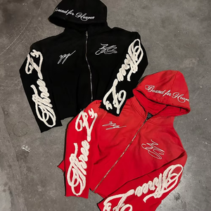 Ensemble de survêtement streetwear unisexe à manches longues avec sweat à capuche zippé et pantalon, broderie lettres, rouge et noir, coupe ample, pour adulte, automne - Product Image 3