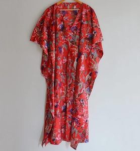 Floral Print V-Neck Maxi Dress Loose Boho <b>Summer</b> Casual <b>Kaftan</b> Short Sleeve Red Woven Polyester Dress - Product Image 6
