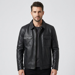 Veste en cuir véritable pour homme, style décontracté, col chemise, veste de camionneur, double poche à rabat, manteau en cuir véritable pour homme - Product Image 2