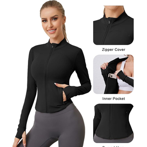 <b>White</b> Solid Front Stand Collar <b>Long</b> <b>Sleeve</b> Yoga Jacket Women Full Zip Seamless Wrinkle-Resistant Fitness Running Sports <b>Top</b> - Product Image 5