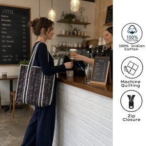 Brown Hand Block Printed Organic Cotton Tote <b>Bag</b>-Eco-friendly <b>Foldable</b> Autumn Travel Shopping <b>Bag</b> with Zipper Closure - Product Image 5