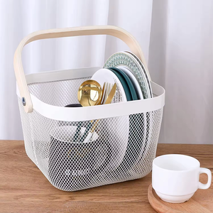 <strong>Small</strong> Square Metal <strong>Laundry</strong> <strong>Basket</strong> with Wood or Bamboo Handle for Bathroom or Kitchen Use for Food or Clothing Storage - Product Image 4