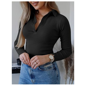 Suéter de Punto Acanalado para Mujer, Corte Ajustado, Manga Larga, Cuello Redondo, Color Sólido, Elegante, con Logotipo, Otoño, Transpirable, Mezcla de Algodón - Product Image 6
