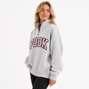 Sweat-shirt gris pour femme à col zippé, avec lettrage Gingham rose, pull en molleton surdimensionné, logo sur le devant - Product Image 1