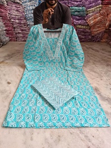 Conjunto de Kurta y Pantalón de Algodón Orgánico Puro, Cuello en V, Estampado Floral, Transpirable, Bordado, Corte Lateral Recto, Cintura Elástica Larga, Estilo Casual y Bonito - Product Image 2