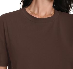 Women's Brown Crew Neck <b>Cropped</b> T-Shirt Knitted Solid Color Workout Short Sleeve <b>Top</b> - Product Image 4