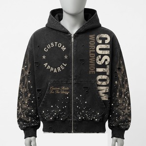 Sudadera con capucha negra personalizada con cremallera, efecto desgastado, bordado de estrella de diamantes de imitación y estampado de llamas, estilo urbano, unisex - Product Image 3