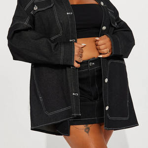 Ensemble deux pièces élégant OEM : jupe courte et sweat à capuche en jean pour femme / Ensemble décontracté en jean délavé clair : veste et jupe - Product Image 2